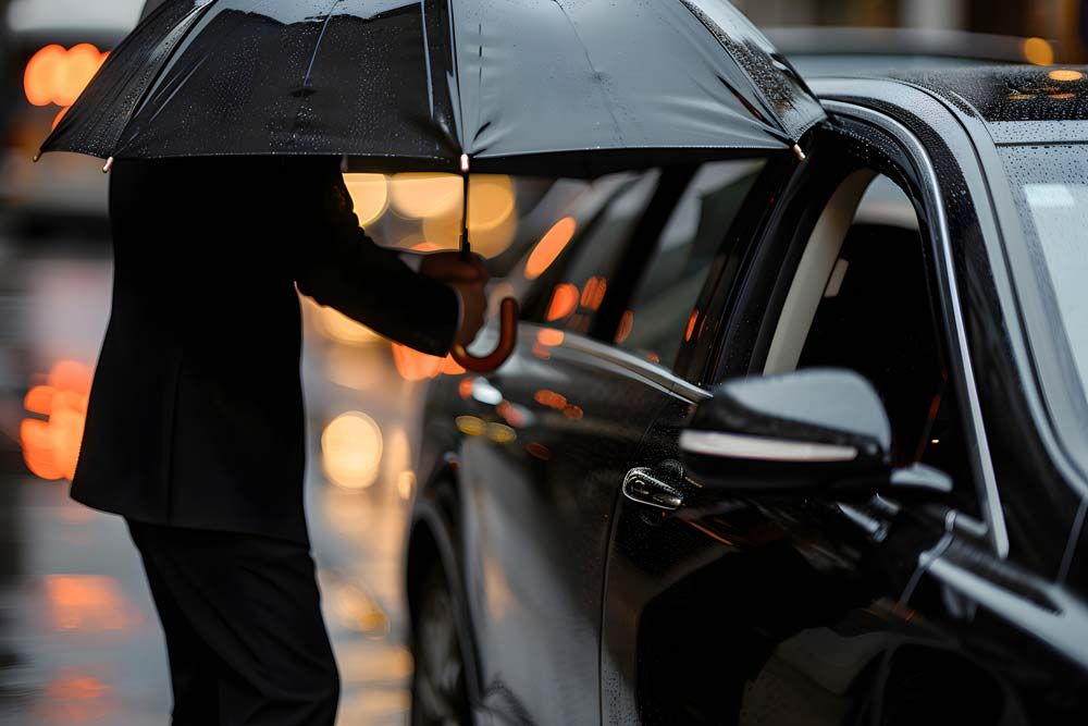 Chauffeur opening an umbrella for a passenger